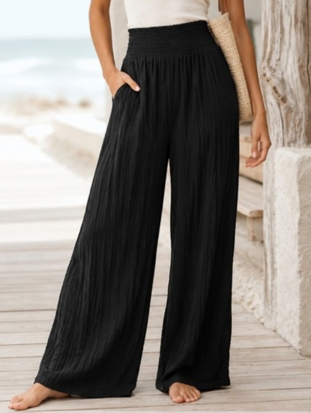Three Dots Black Smocked-Waist Wide Leg Pants